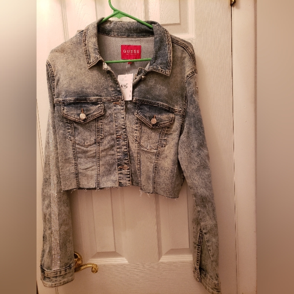 Guess Rhinestone Bling Jean Jacket, Blue Denim, NWT , Size L